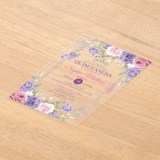 Elegant Roze Bloemen Zilver Paarse Meisje Quinceañ Acryl Uitnodigingen (Laagn)