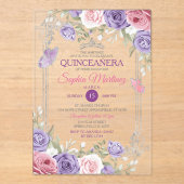 Elegant Roze Bloemen Zilver Paarse Meisje Quinceañ Acryl Uitnodigingen (Voorkant)