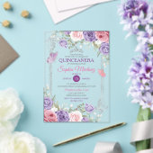 Elegant Roze Bloemen Zilver Paarse Meisje Quinceañ Acryl Uitnodigingen (Insitu (Huwelijk))