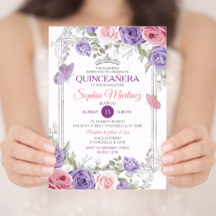 Elegant Roze Bloemen Zilver Paarse Meisje Quinceañ Kaart
