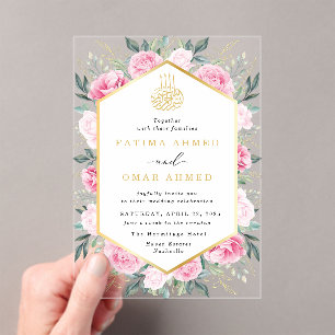 Elegant roze bloemengoud bladeren moslim bruiloft acryl uitnodigingen