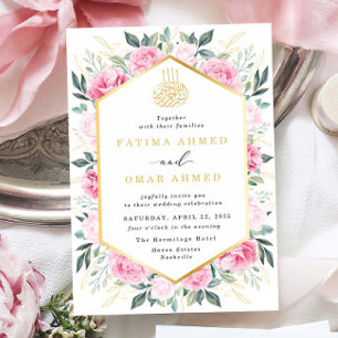 Elegant roze bloemengoud bladeren moslim bruiloft kaart