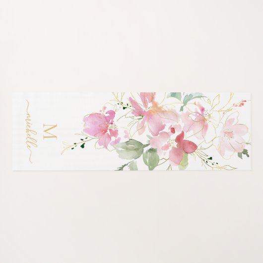 Elegant roze bloemengouden script monogram yogamat (Achterkant (horizontaal))