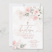 Elegant roze bloemenkruis doopsel kaart (Voorkant)