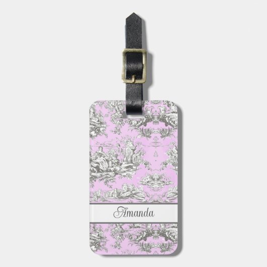 Elegant  roze bloemenmeertje toile de jouy bagagelabel (Voorkant verticaal)