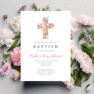 Elegant roze bloemig religieus kruis doopsel kaart