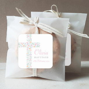 Elegant Roze Bloemkruis Doop Vierkante Sticker