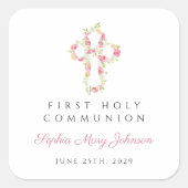 Elegant Roze Bloemkruis Eerste Communie Vierkante Sticker (Voorkant)