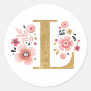 Elegant roze bloemmogram Initiaal gouden letter L Ronde Sticker