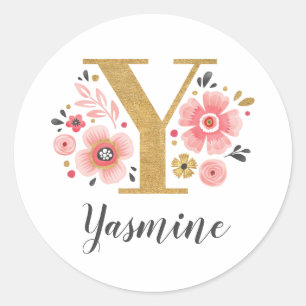 Elegant roze bloemmogram Initiaal gouden letter Y Ronde Sticker