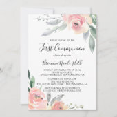 Elegant Roze Blush Bloemen Eerste Communie Kaart (Voorkant)
