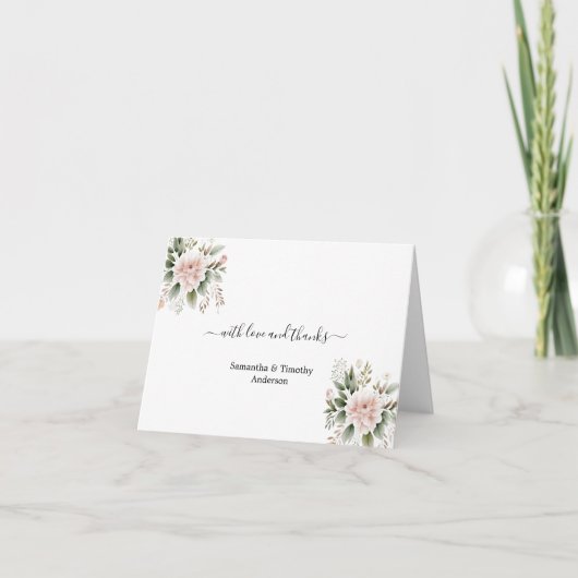 Elegant Roze Blush Bloemen Groen Bruiloft Bedankkaart (Voorkant)