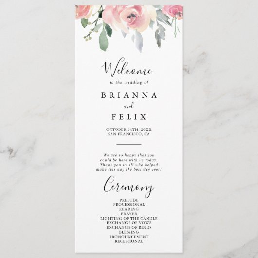 Elegant roze blush bloemenbruiloft programma (Voorkant)
