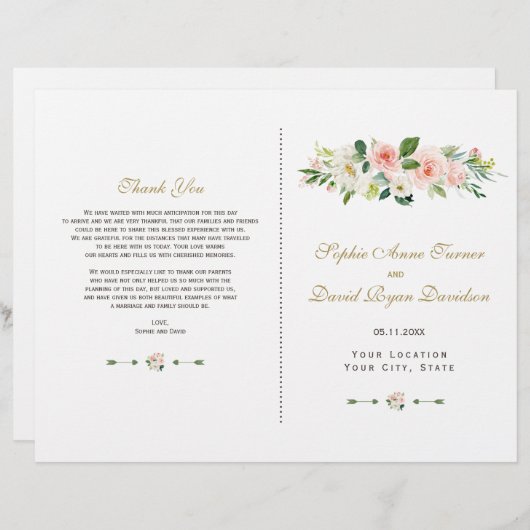 Elegant Roze Blush Crème Bloem Bruiloftsprogramma (Voorkant / Achterkant)