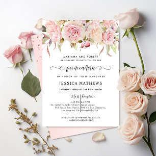 Elegant Roze, Blush Pink, Roos Gold Quinceañera Kaart