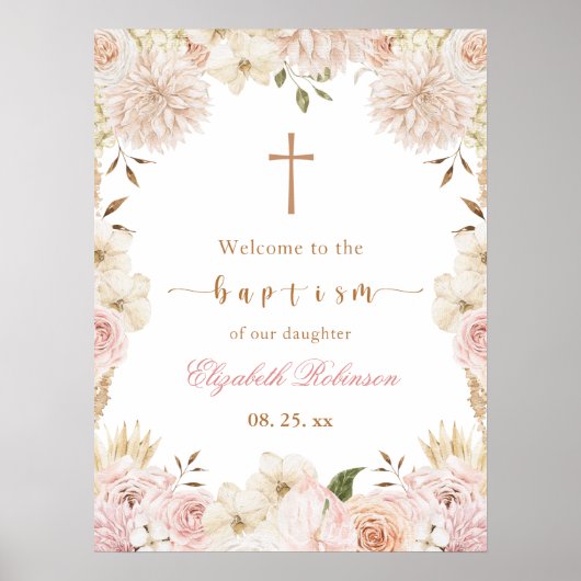 Elegant Roze Boho Bloemen Doop Poster (Voorkant)