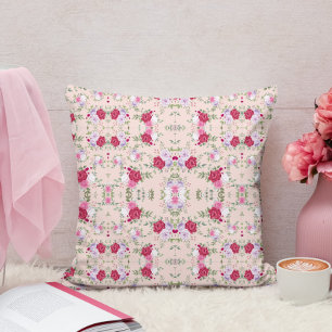 Elegant Roze & Bourgondische Bloemmotief Vintage Kussen