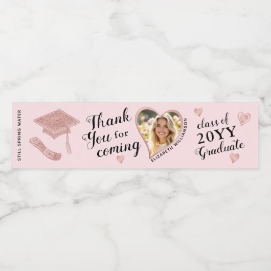 Elegant Roze Custom Photo Afstuderen Dank u Waterfles Etiket (Enkel label)