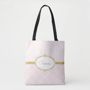 Elegant Roze Damask Gold Lijst en naam Tote Bag