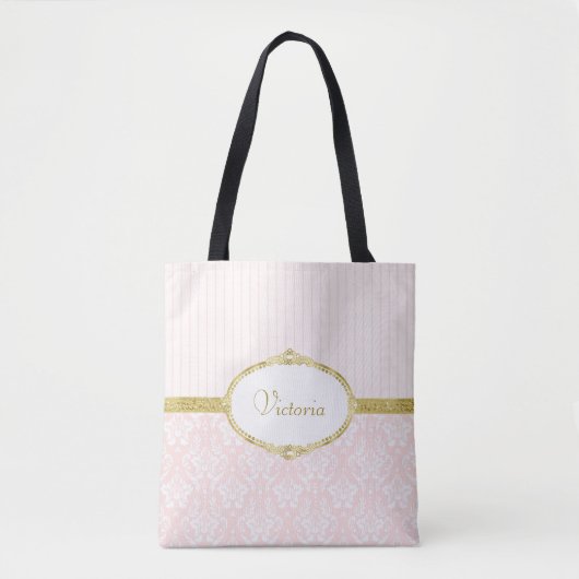 Elegant Roze Damask Gold Lijst en naam Tote Bag (Voorkant)
