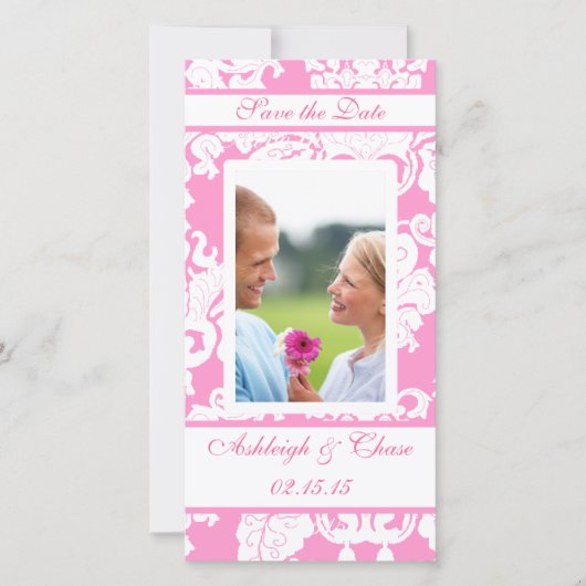 Elegant roze Damask slaat de datum opUw foto Save The Date (Voorkant)