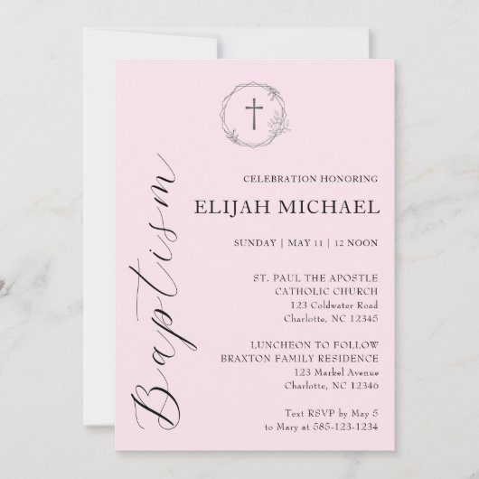 Elegant Roze Doopkruis Krans Uitnodiging (Voorkant)