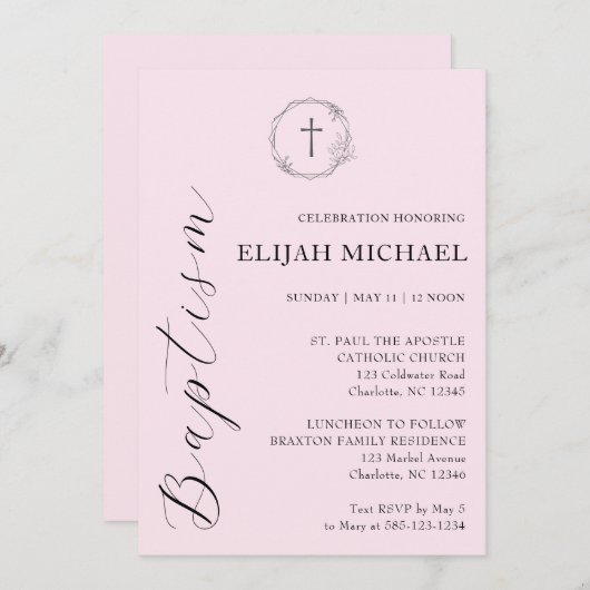 Elegant Roze Doopkruis Krans Uitnodiging (Voorkant / Achterkant)