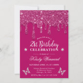 Elegant Roze Dripping Glitter 21e Verjaardag Kaart (Voorkant)