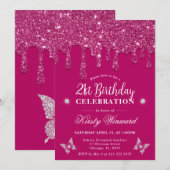 Elegant Roze Dripping Glitter 21e Verjaardag Kaart (Voorkant / Achterkant)