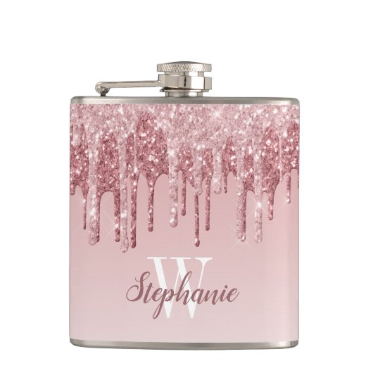 Elegant roze druppelaar faux glitter monogram heupfles (Voorkant)