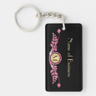 Elegant Roze en Black Faux Glitz Floral Monogram Sleutelhanger