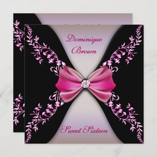 Elegant roze en Black Invite with Diamond Bow Kaart (Voorkant / Achterkant)