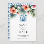 Elegant Roze en Blauw Bloemen Save The Date Cards (Voorkant / Achterkant)