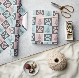Elegant Roze en Blauw Kerst Paw print Patroon Cadeaupapier