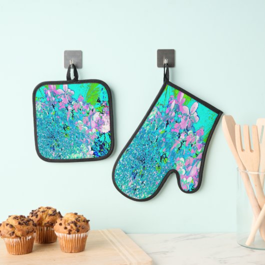 Elegant roze en blauwe grens Hydrangea Ovenwant & Pannenlap Set (Insitu(Ophanging))