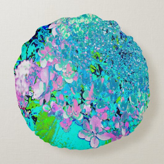 Elegant roze en blauwe grens Hydrangea Rond Kussen (Achterkant)