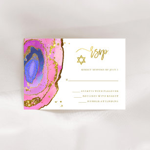 Elegant roze en Blue Geode met Gold Bat Mitzvah RSVP Kaartje