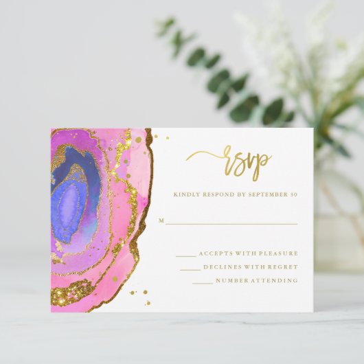 Elegant roze en Blue Geode met goud | Weddenschap RSVP Kaartje (Staand voorkant)