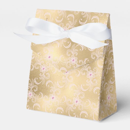 Elegant Roze en Gouden Bloemen Kant Bedankdoosjes (Voorkant Zijde)