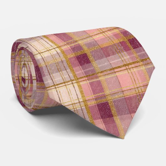 Elegant roze en gouden ruit gingham patroon stropdas (Opgerold)