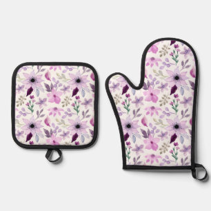 Elegant roze en paarse bloempatroon ovenwant & pannenlap set