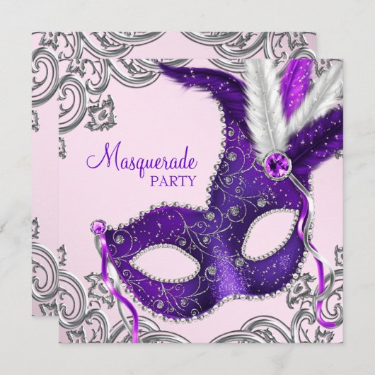 Elegant roze en Paarse Masquerade Party Kaart (Voorkant / Achterkant)