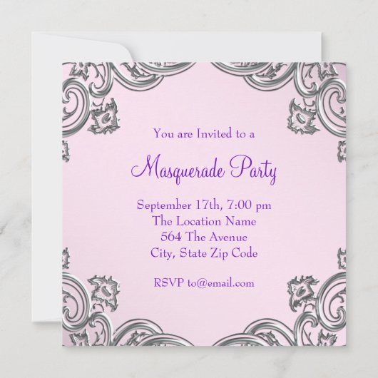 Elegant roze en Paarse Masquerade Party Kaart (Achterkant)