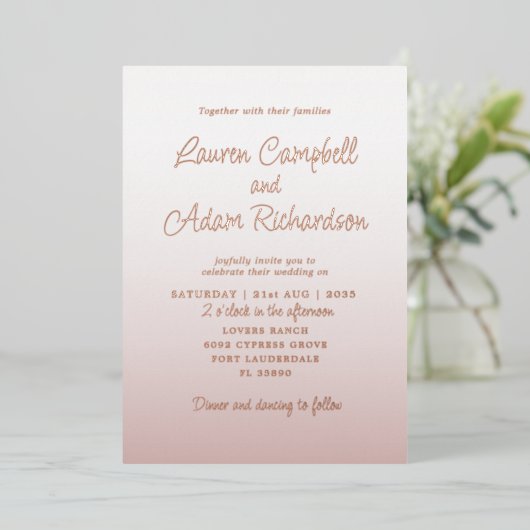 Elegant roze en Roos Gold Calligraphy Wedding Folie Uitnodiging (Staand Voorkant)