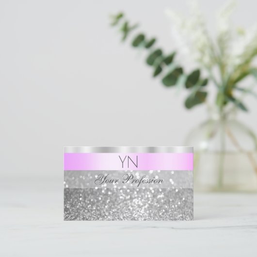 Elegant Roze en Zilver Mousserend Glitter Monogram Visitekaartje (Staand voorkant)