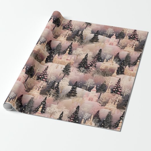 Elegant roze en zwart kerstdorp cadeaupapier (Uitgerold)