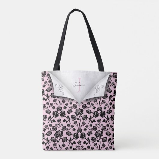 Elegant Roze en Zwart Roos Monogram Naam Tas (Achterkant)