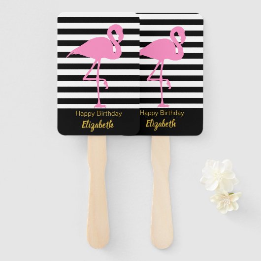 Elegant roze flamingo op zwarte en witte strepen handwaaier (Voorkant en achterkant)