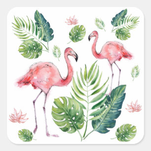     Elegant roze flamingo Tropical Leaves Pattern Vierkante Sticker