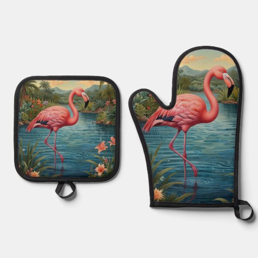 Elegant roze flamingo tropisch paradijs ovenwant & pannenlap set (Voorkant)